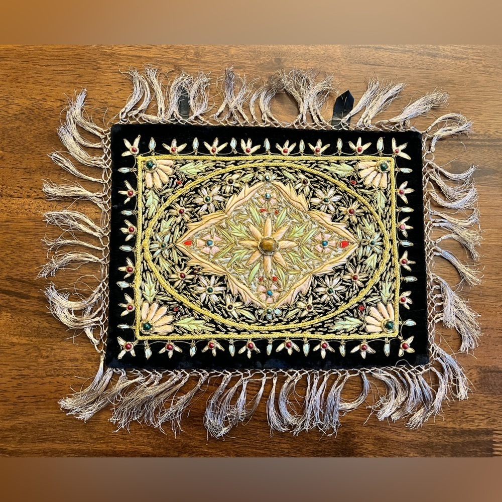 Handmade Zardozi Embroidered Wall Hanging Velvet Gold Tapestry 12x9 Indian Boho